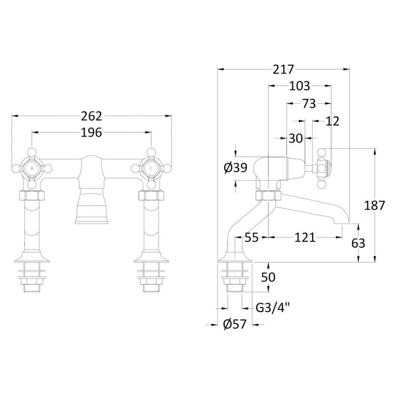 Black Crosshead Dome Deck Mounted Bath Filler - Technical Drawing