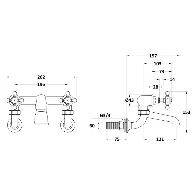 Black Crosshead Hex Wall Mounted Bath Filler - Technical Drawing