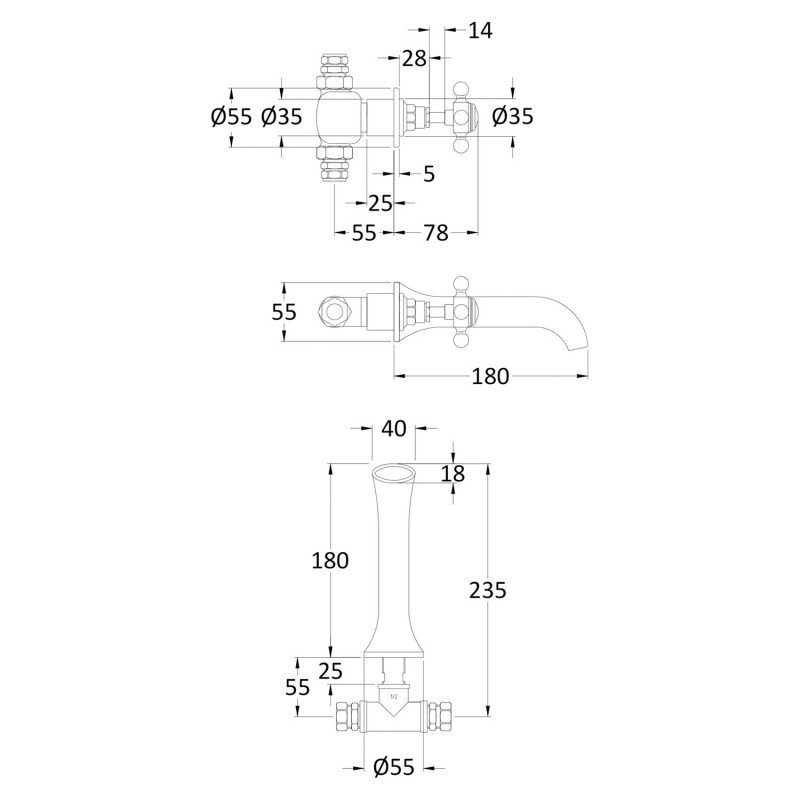 Wall Mount 3 Tap Hole Cross Head Hex Collar Hot & Cold Basin Taps - Technical Drawing