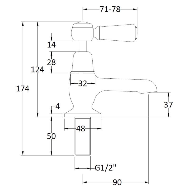 Topaz Black Ceramic Lever Domed Collar Hot & Cold Basin Taps - Technical Drawing