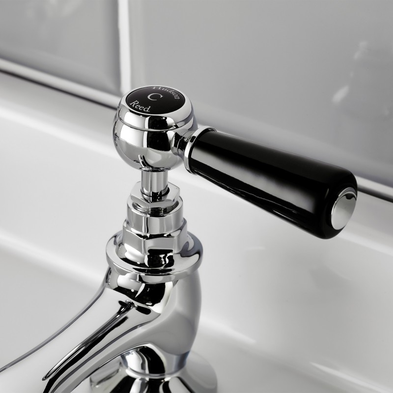 Topaz Black Ceramic Lever Hex Collar Hot & Cold Basin Taps - Insitu