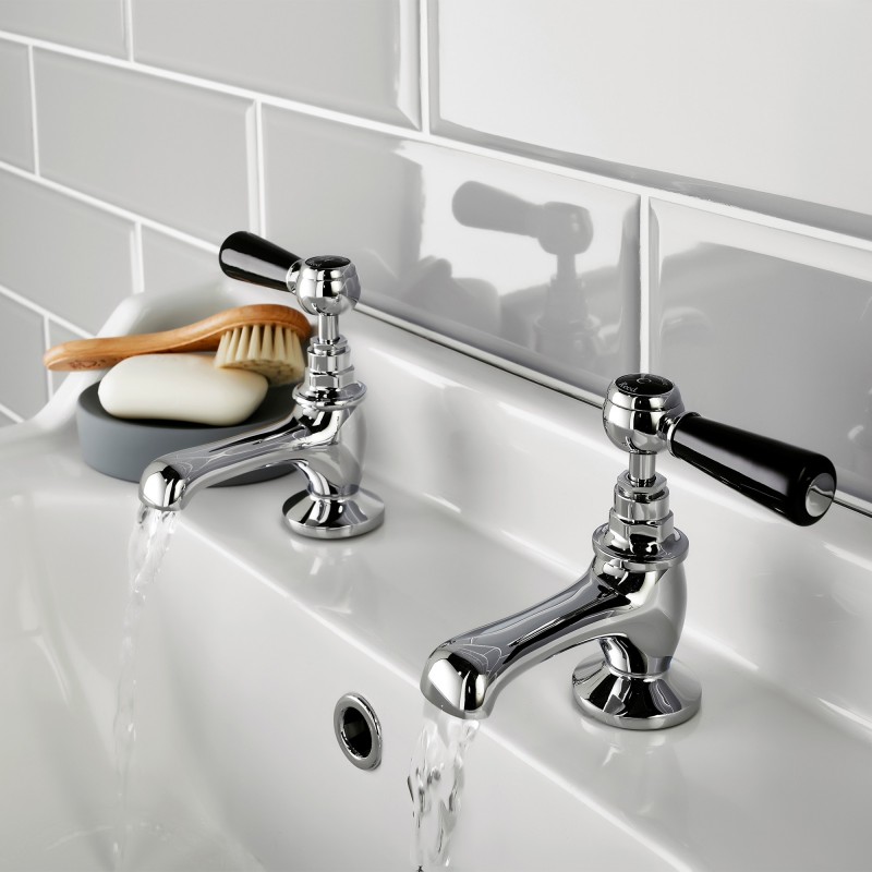 Topaz Black Ceramic Lever Hex Collar Hot & Cold Basin Taps - Insitu