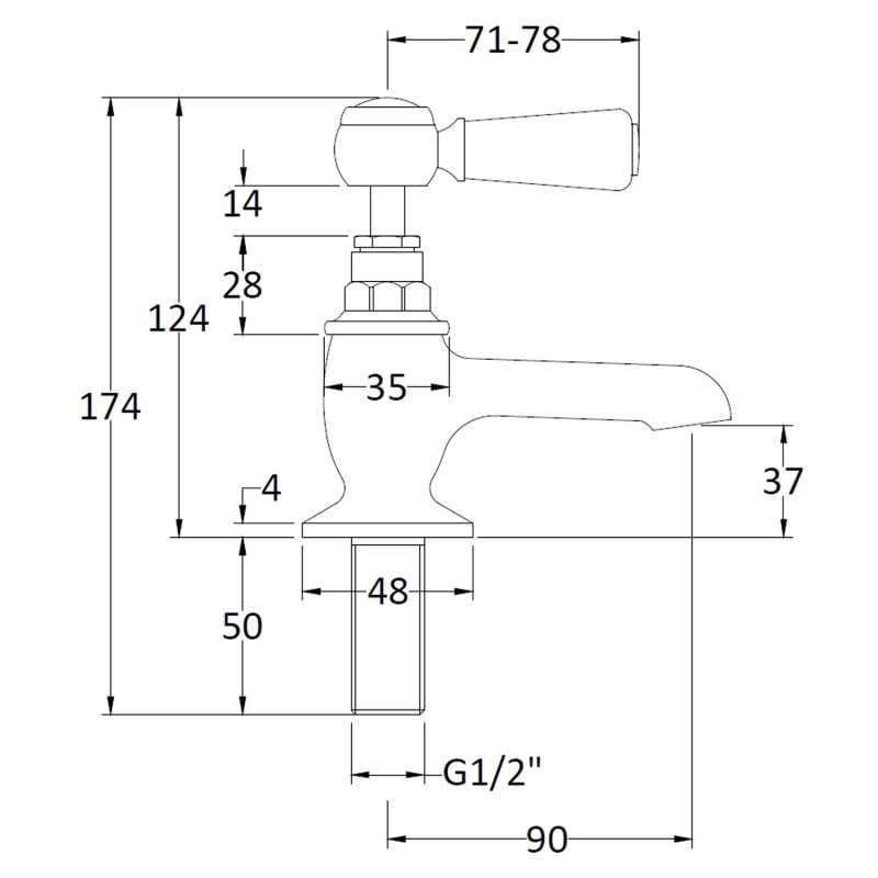 Topaz Black Ceramic Lever Hex Collar Hot & Cold Basin Taps - Technical Drawing