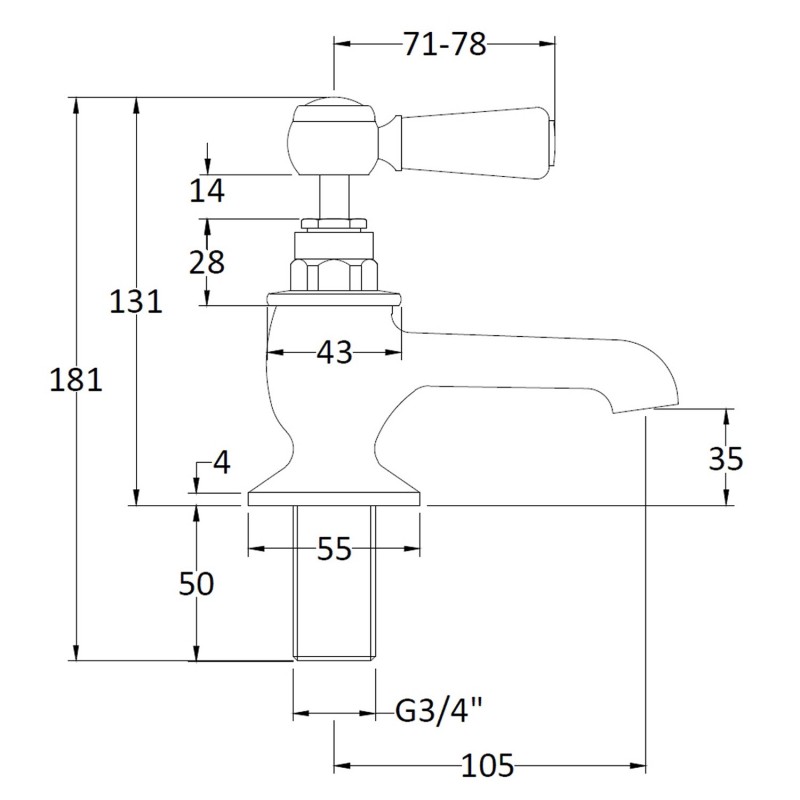 Topaz Black Hex Lever Bath Taps - Technical Drawing