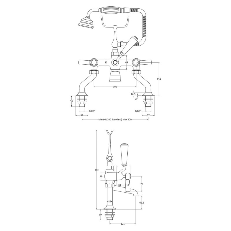 Topaz Black Lever Bath Shower Mixer - Technical Drawing