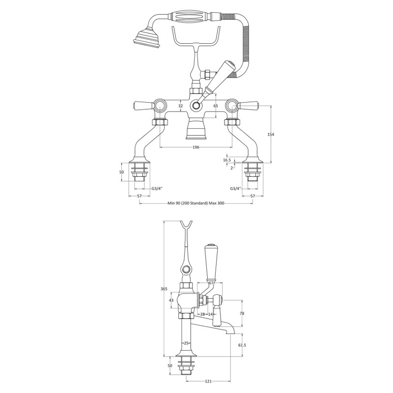 Topaz Black Hex Lever Bath Shower Mixer - Technical Drawing