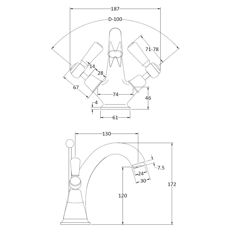 Topaz Black Lever Mono Basin Mixer - Technical Drawing