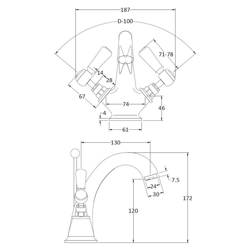 Topaz Black Hex Lever Mono Basin Mixer - Technical Drawing