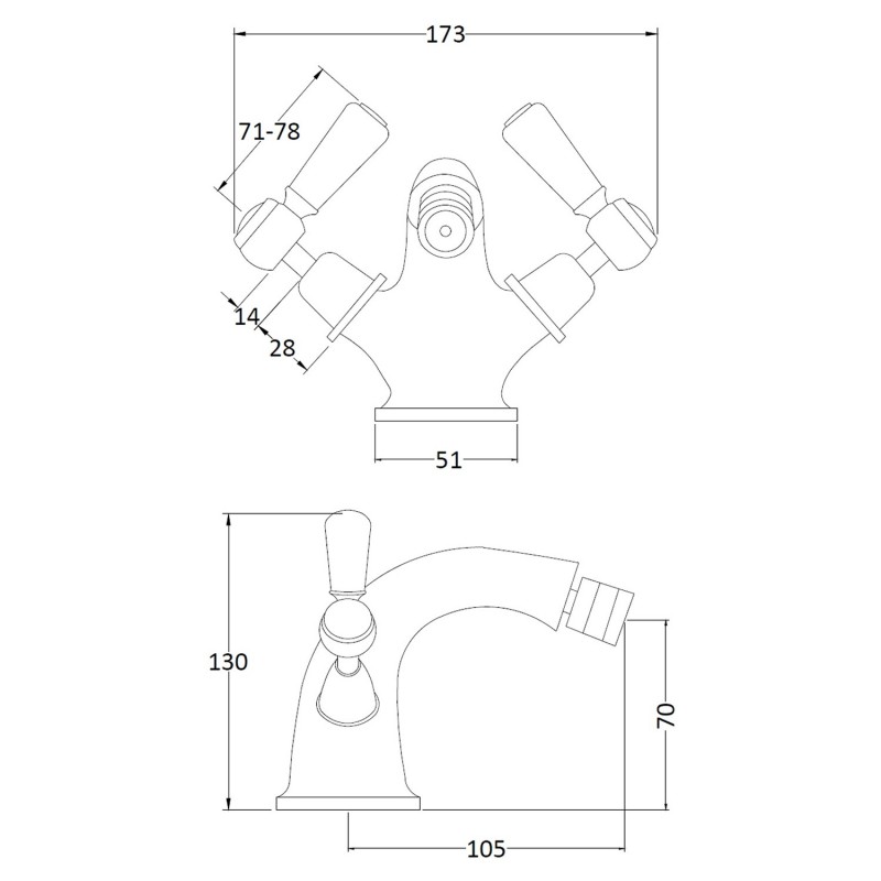 Topaz Black Ceramic Lever Mono Bidet Mixer - Technical Drawing