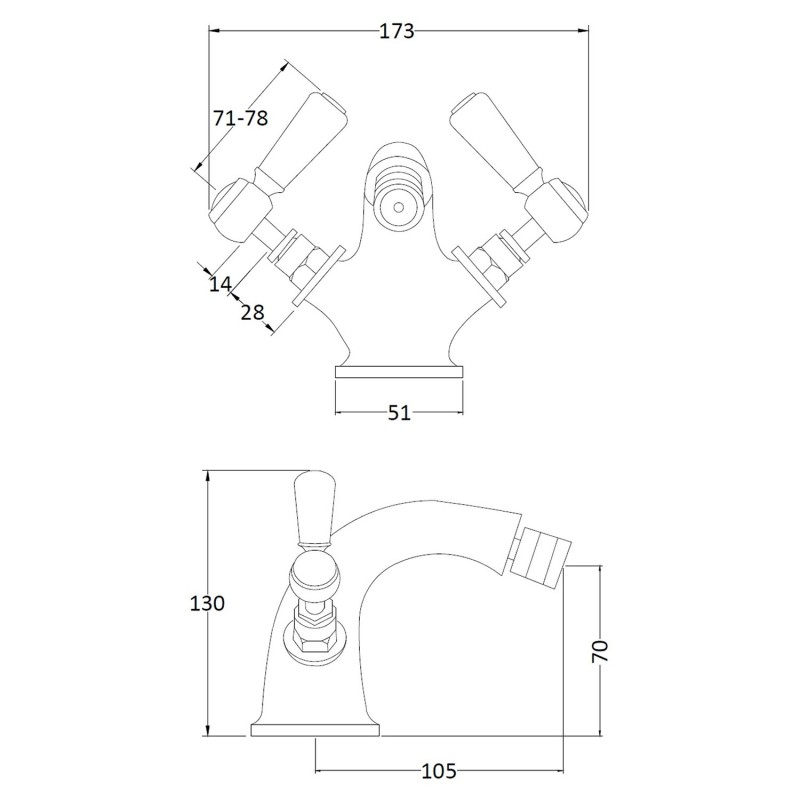 Topaz Black Ceramic Lever Mono Bidet Mixer - Technical Drawing