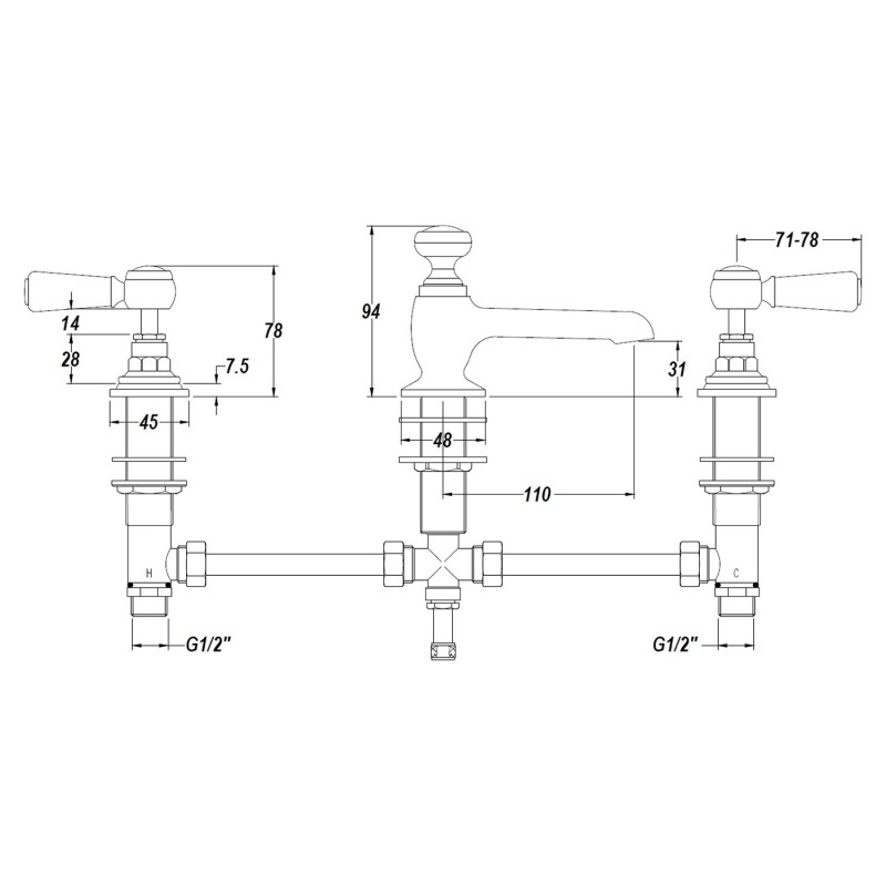 Topaz Black Ceramic Lever Hex Collar Lever 3 Tap Hole Basin Mixer - Technical Drawing