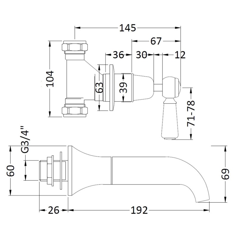 Topaz 3 Tap Hole Black Ceramic Lever Bath Filler - Technical Drawing