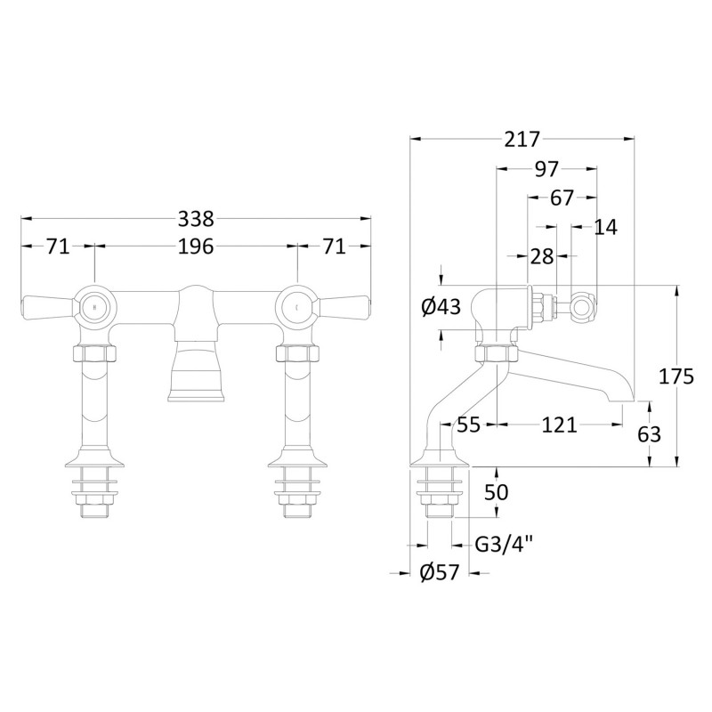 Black Lever Hex Deck Mounted Bath Filler - Technical Drawing