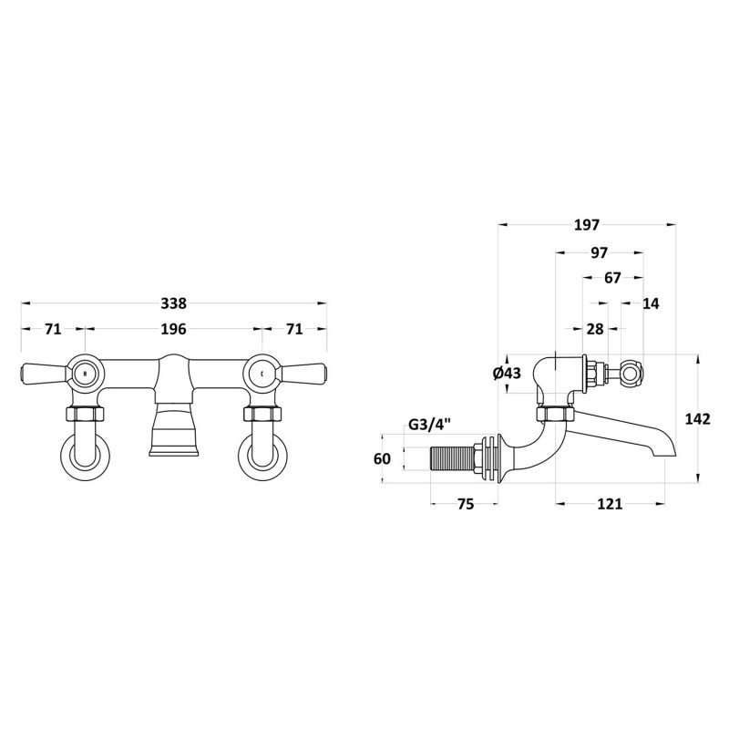 Black Lever Wall Mounted Bath Filler - Technical Drawing