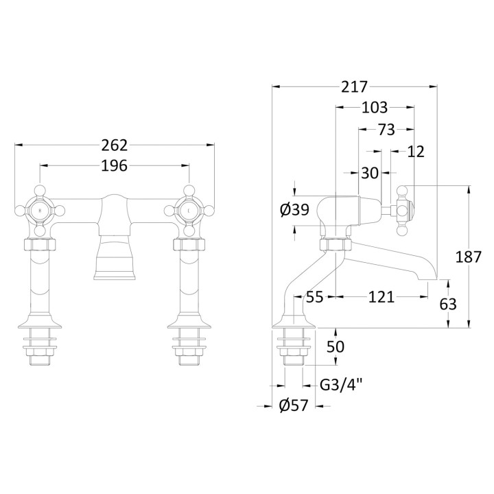 Dome Crosshead Deck Mounted Bath Filler - Technical Drawing
