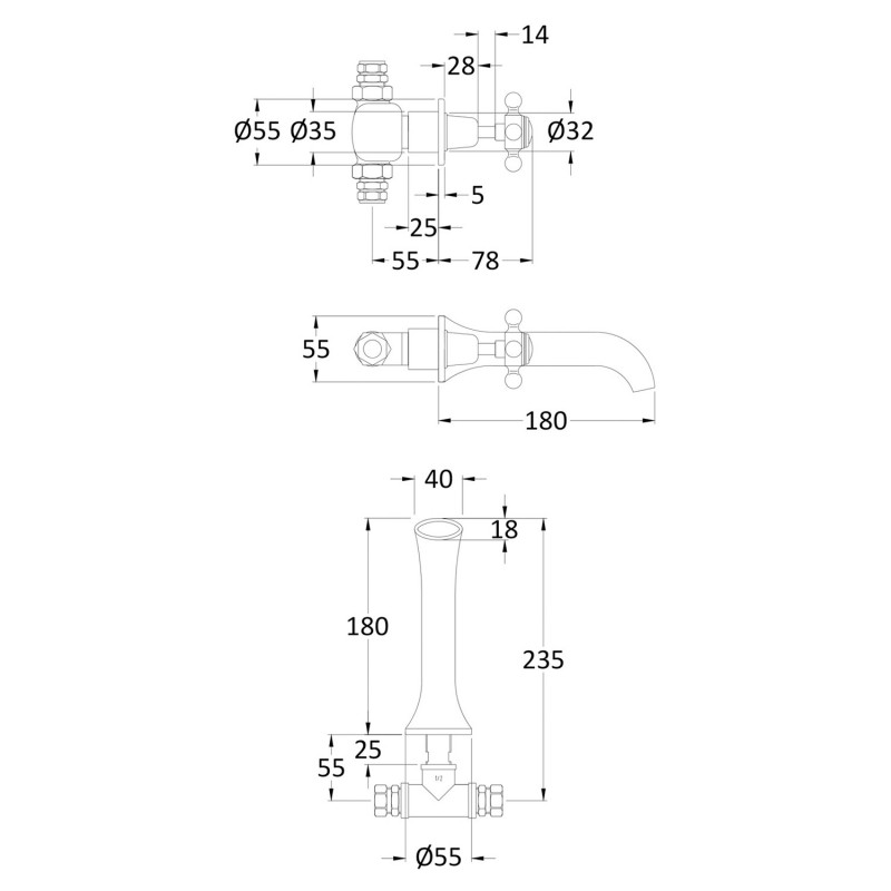 3 Hole Wall Mount Crosshead Hot & Cold Basin Taps - Technical Drawing