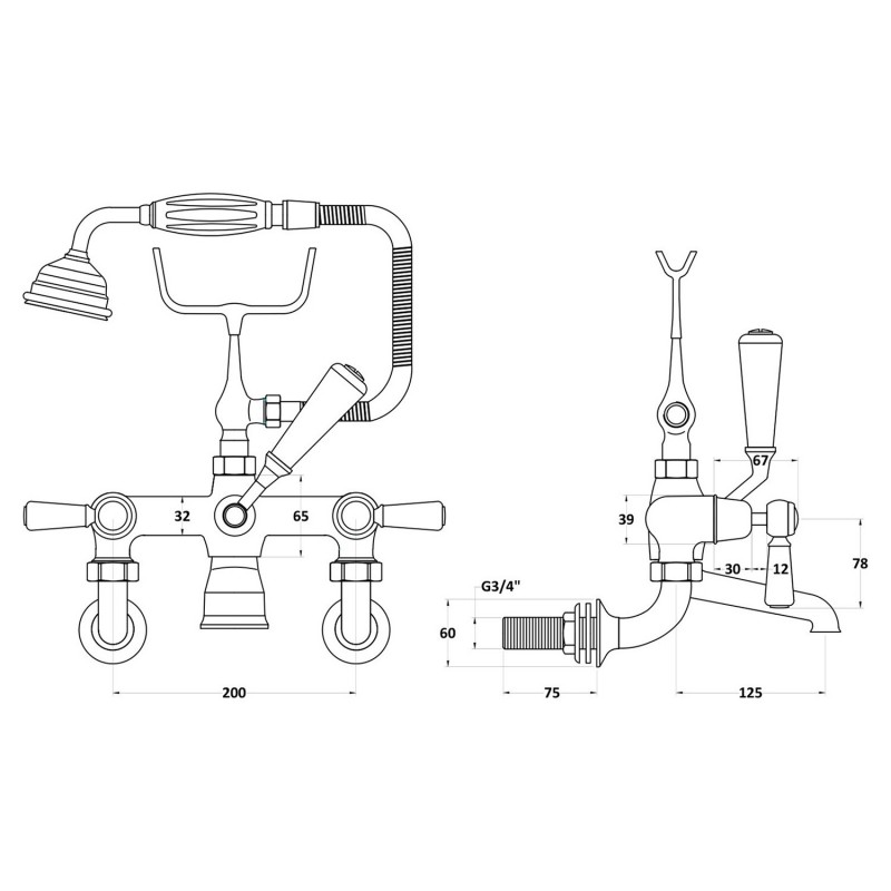 Wall Mounted Bath Shower Mixer - Technical Drawing