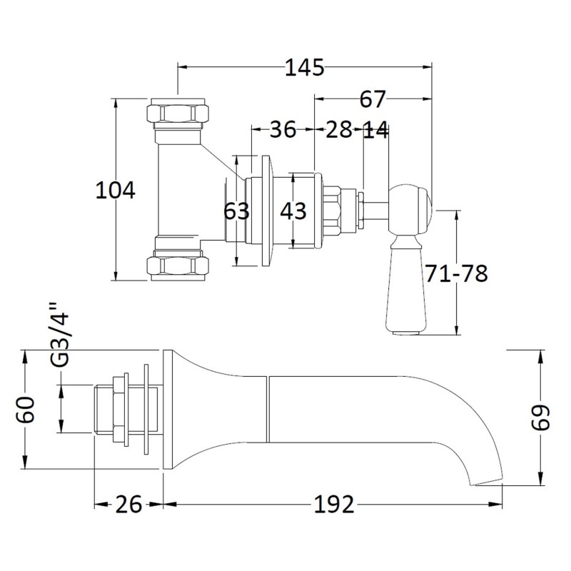 Topaz 3 Tap Hole White Ceramic Lever Bath Filler - Technical Drawing