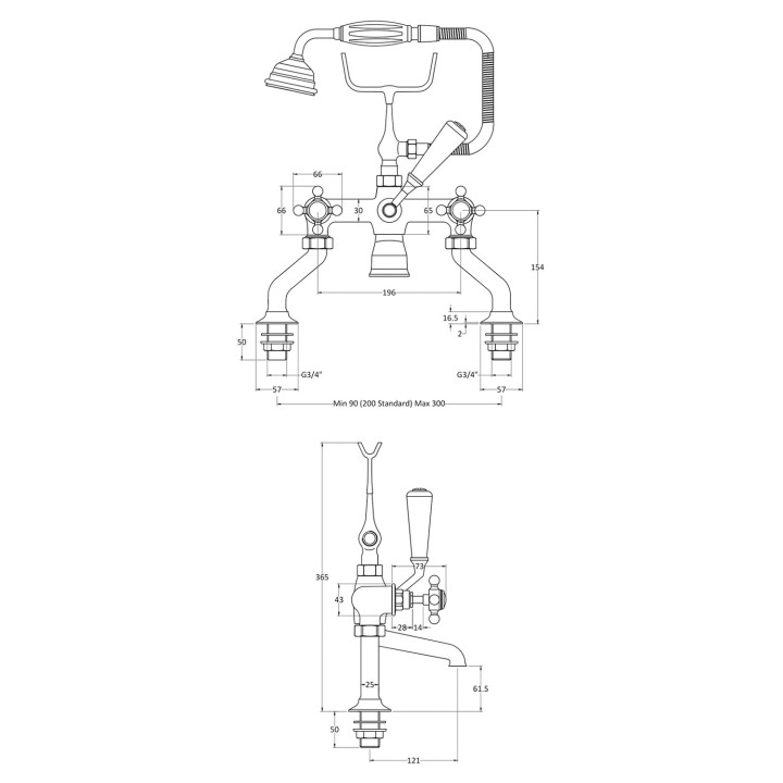 Brushed Brass Deck Mounted Bath Shower Mixer - Technical Drawing