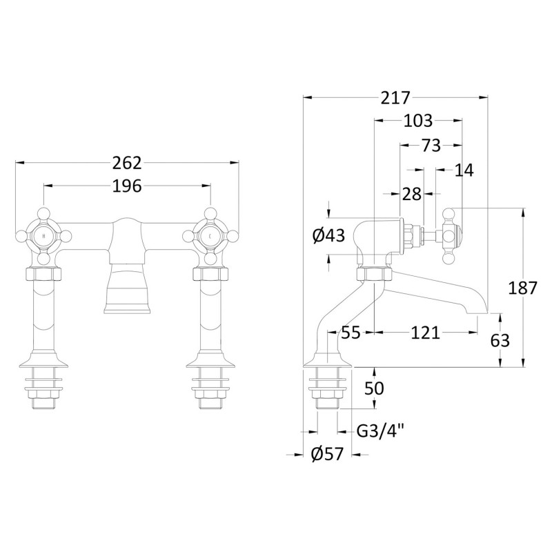 Brushed Brass Deck Mounted Bath Filler - Technical Drawing