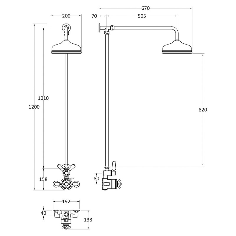 Brushed Brass Wall Mounted Thermostatic Shower Valve & Kit - Technical Drawing