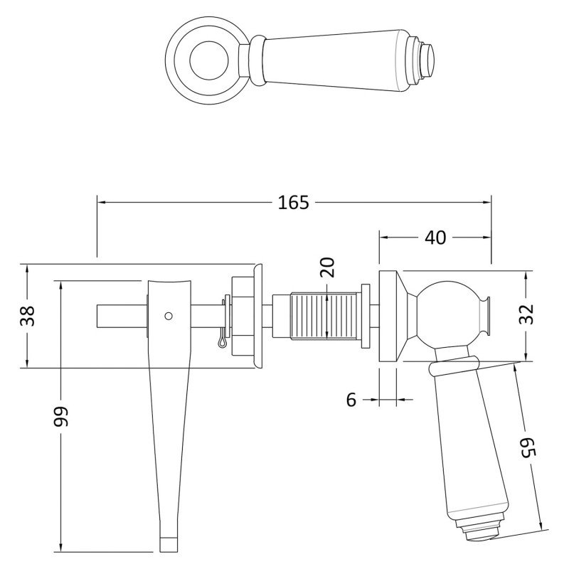 Black Ceramic Handle Toilet Lever - Technical Drawing