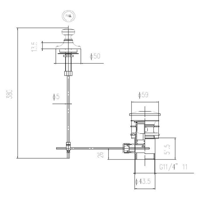 Traditional Basin Black Pull Up Waste - Technical Drawing