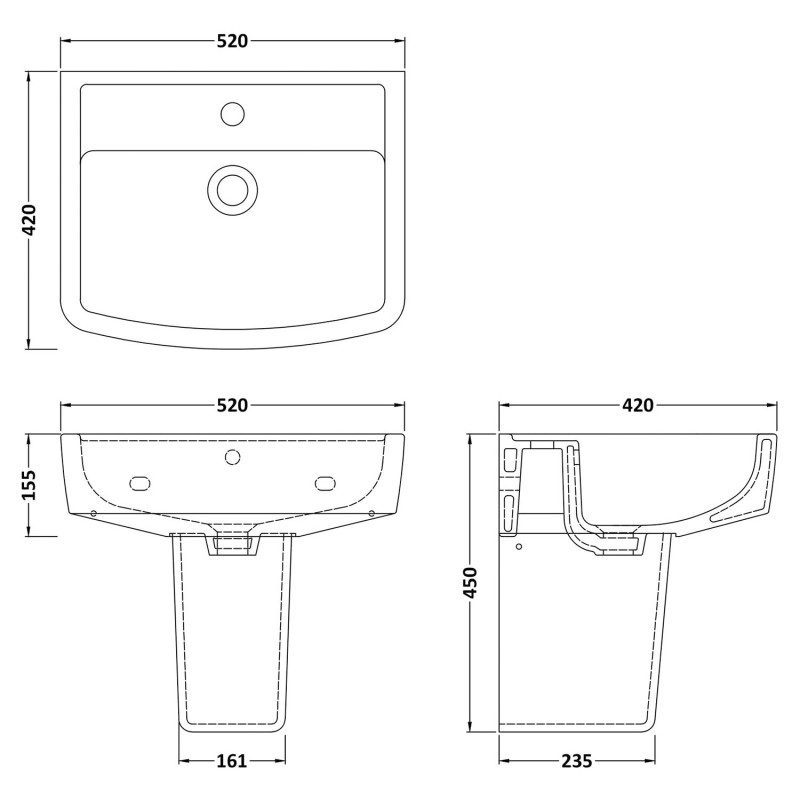 Bliss 520mm(w) Basin & Semi Pedestal (1 Tap Hole) - Technical Drawing