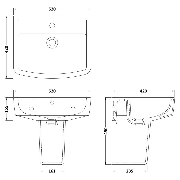 Bliss 520mm(w) Basin & Semi Pedestal (1 Tap Hole) - Technical Drawing