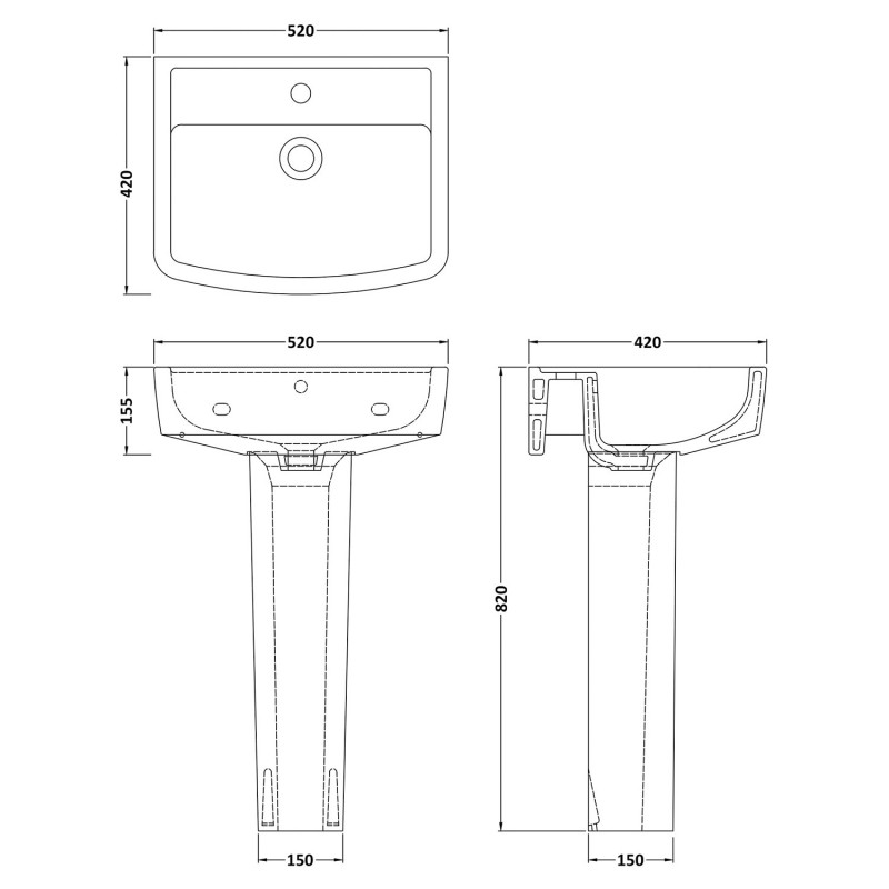 Bliss 520mm(w) x 810mm(h) Basin & Pedestal (1 Tap Hole) - Technical Drawing