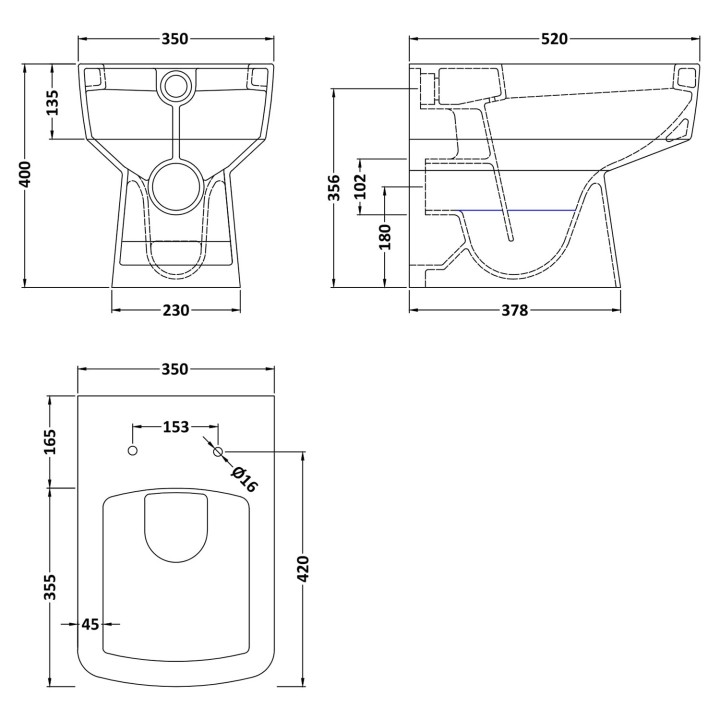 Bliss 350mm(w) x 400mm(h) Square Back to Wall Toilet Pan (Optional Seats) - Technical Drawing