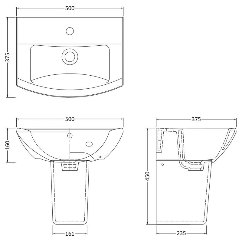 Asselby 500mm(w) x 450mm(h) Basin & Semi Pedestal (1 Tap Hole) - Technical Drawing