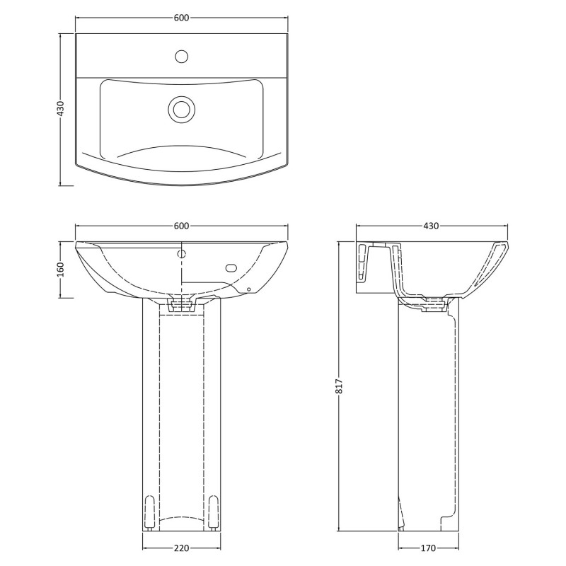 Asselby 600mm(w) x 817mm(h) Basin & Pedestal (1 Tap Hole) - Technical Drawing