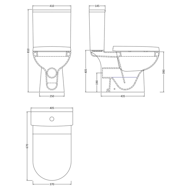 Asselby 410mm(w) x 810mm(h) Close Coupled Toilet (Optional Seat) - Technical Drawing