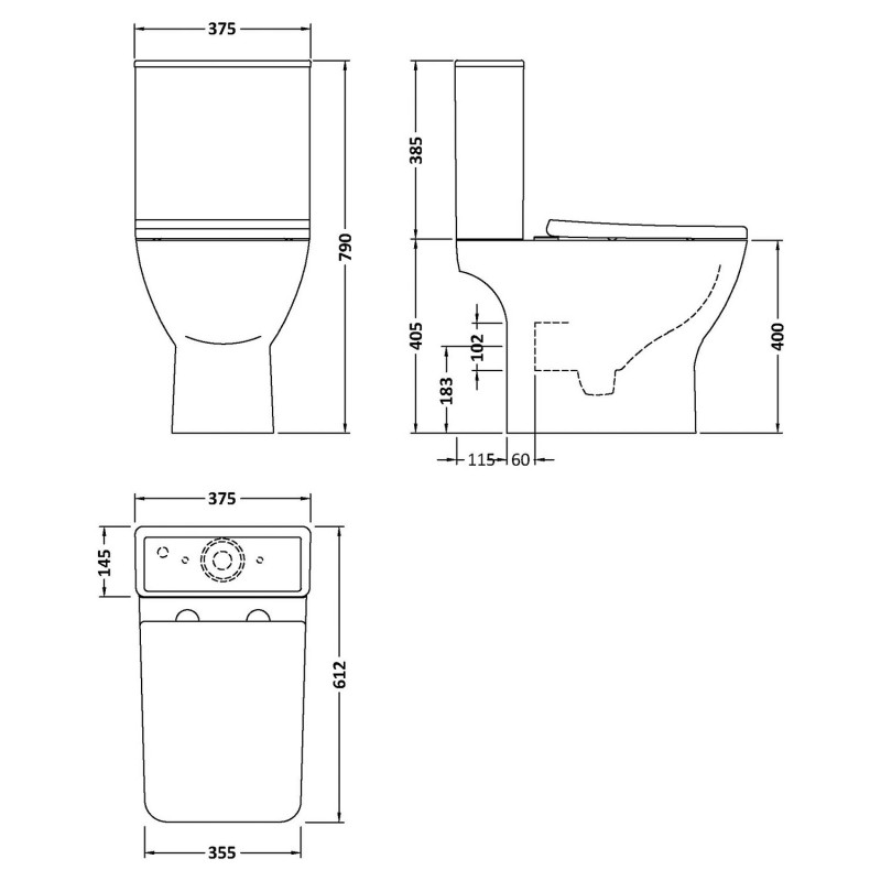 Ava 370mm(w) x 790mm(h) Square Rimless Compact Toilet & Cistern (Includes Soft Close Toilet Seat) - Technical Drawing