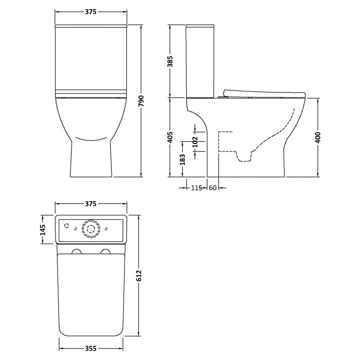 Ava 370mm(w) x 790mm(h) Square Rimless Compact Toilet & Cistern (Includes Soft Close Toilet Seat) - Technical Drawing
