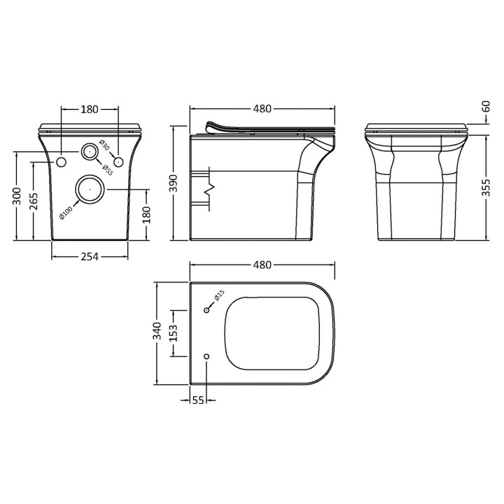 Ava Rimless Wall Hung Toilet Pan & Soft Close Seat - Technical Drawing