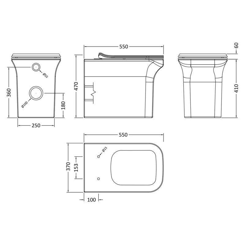 Ava Square Back To Wall Toilet Pan & Soft Close Seat - Technical Drawing