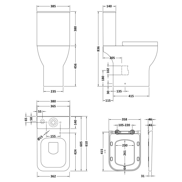 Ava Comfort Height Close Coupled Rimless Toilet Pan with Push Button Cistern - Soft Close Seat - Technical Drawing