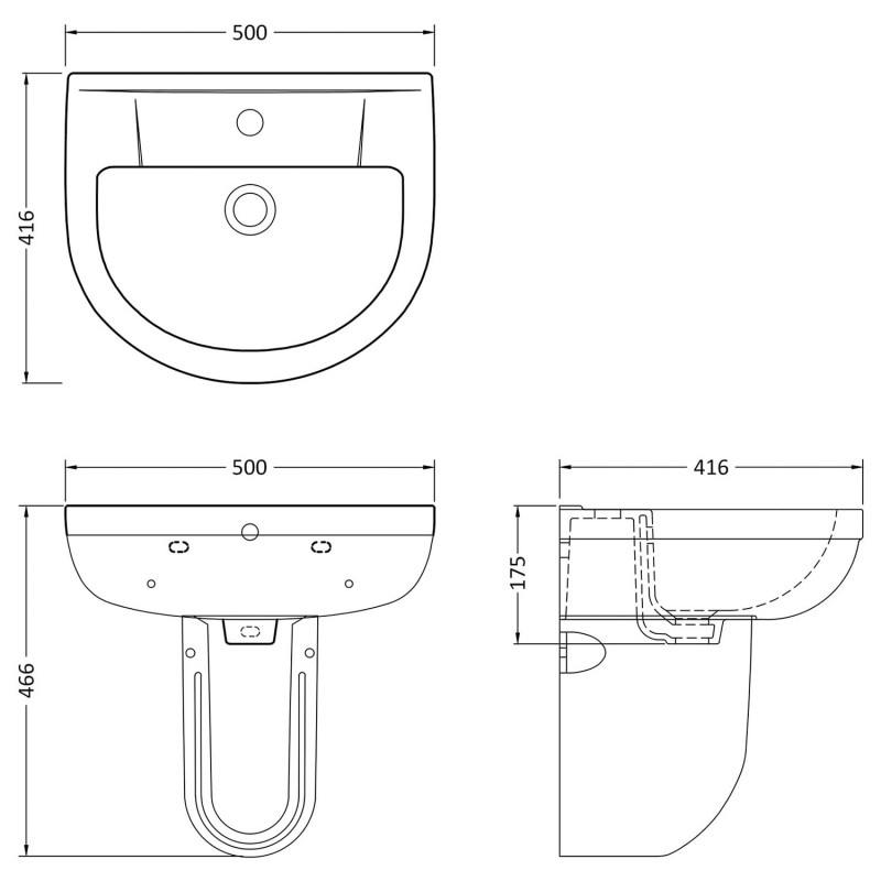 Harmony 500mm(w) Basin & Semi Pedestal (1 Tap Hole) - Technical Drawing