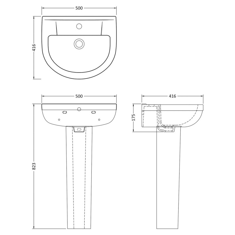 Harmony 500mm(w) x 823mm(h) Basin & Pedestal (1 Tap Hole) - Technical Drawing