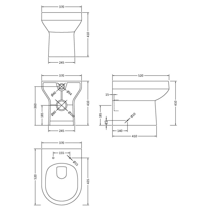 Harmony 370mm(w) x 410mm(h) Back to Wall Toilet Pan (Optional Seat) - Technical Drawing