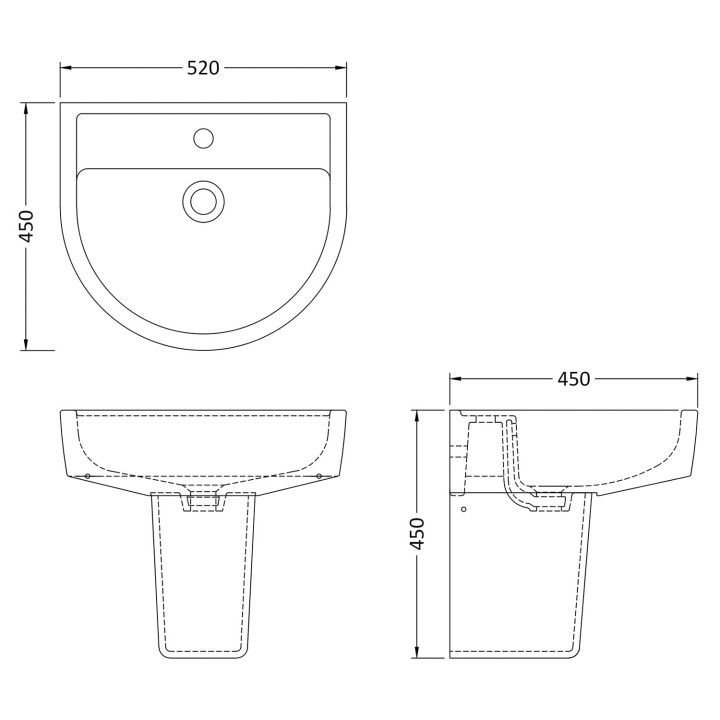 Provost 520mm(w) Basin & Semi Pedestal (1 Tap Hole) - Technical Drawing