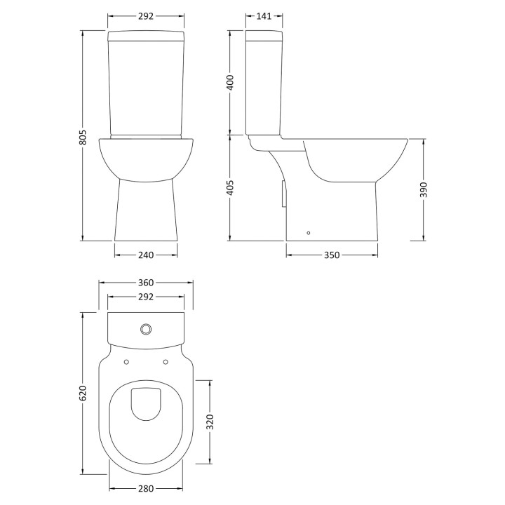 Provost 360mm(w) x 805mm(h) Toilet Pan & Cistern (Optional Seats) - Technical Drawing