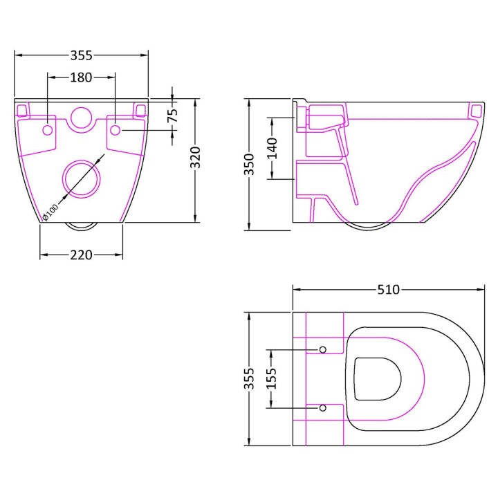Provost 355mm(w) x 400mm(h) Round Wall Hung Toilet Pan (Optional Seat) - Technical Drawing