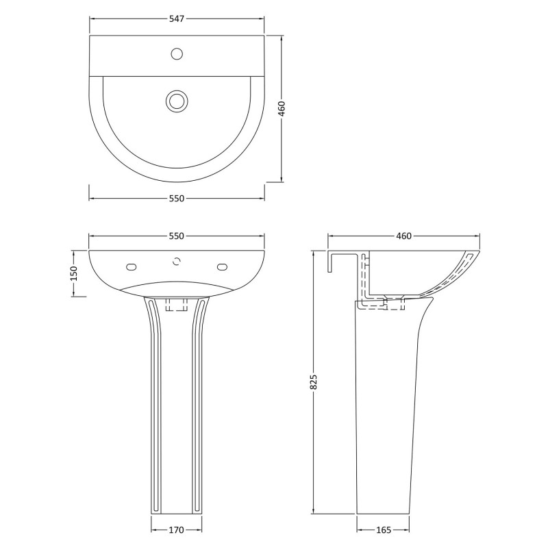 Freya 550mm(w) x 825mm(h) Basin & Pedestal (1 Tap Hole) - Technical Drawing