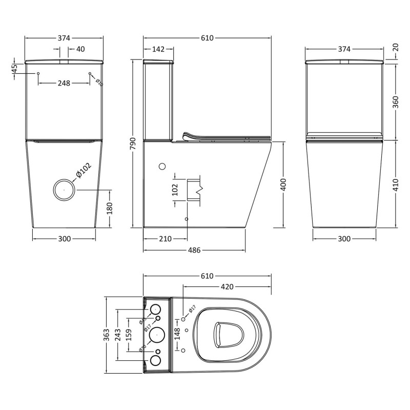 Freya Rimless Flush To Wall Toilet Pan Cistern & Soft Close Seat - Technical Drawing