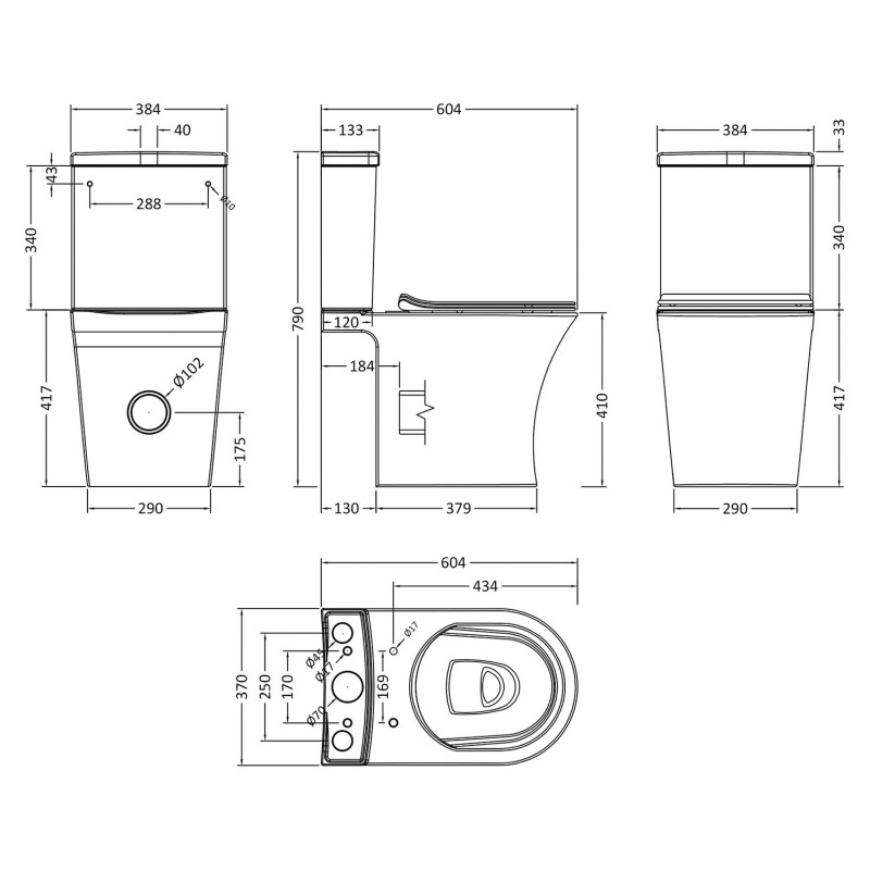 Freya Rimless Semi Flush To Wall Close Couple Toilet Pan Cistern & Soft Close Seat - Technical Drawing