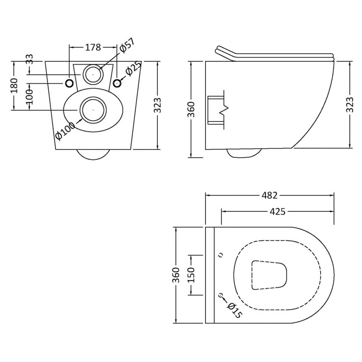 Freya Rimless Wall Hung Toilet Pan & Soft Close Seat - Technical Drawing