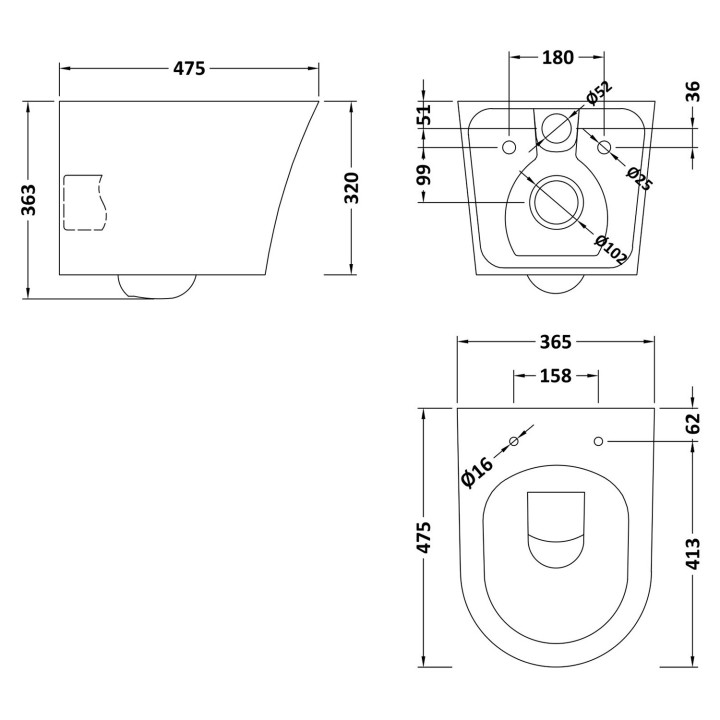 Freya Wall Hung Toilet Pan - Slim Sandwich Soft Close Seat - Technical Drawing